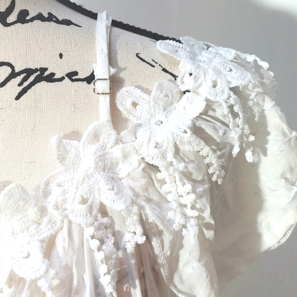 Womens White Swiss dot semi Sheer Crochet Detail Ruffle Off ShoulderTop Sz.Large - Picture 6 of 6